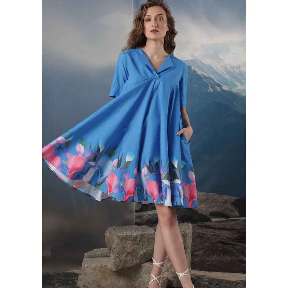 Rareism Flare Xender Blue‎ Floral Print Cotton Dress XXS